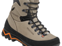 Crispi Skarven hiking boot in tan leather with black ankle collar and rugged lug outsole, laced up high.