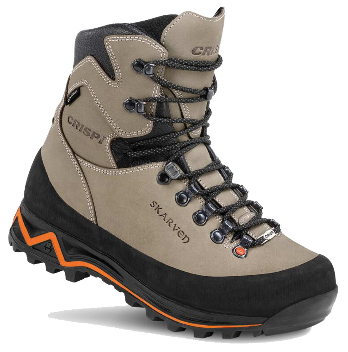 Crispi Skarven hiking boot in tan leather with black ankle collar and rugged lug outsole, laced up high.