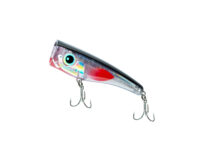 Colorful holographic fishing lure with a tapered body and multiple treble hooks hanging from the bottom edge.