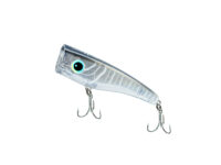 Close-up of a silver fishing lure with a blue eye and multiple treble hooks, angled diagonally across the frame.