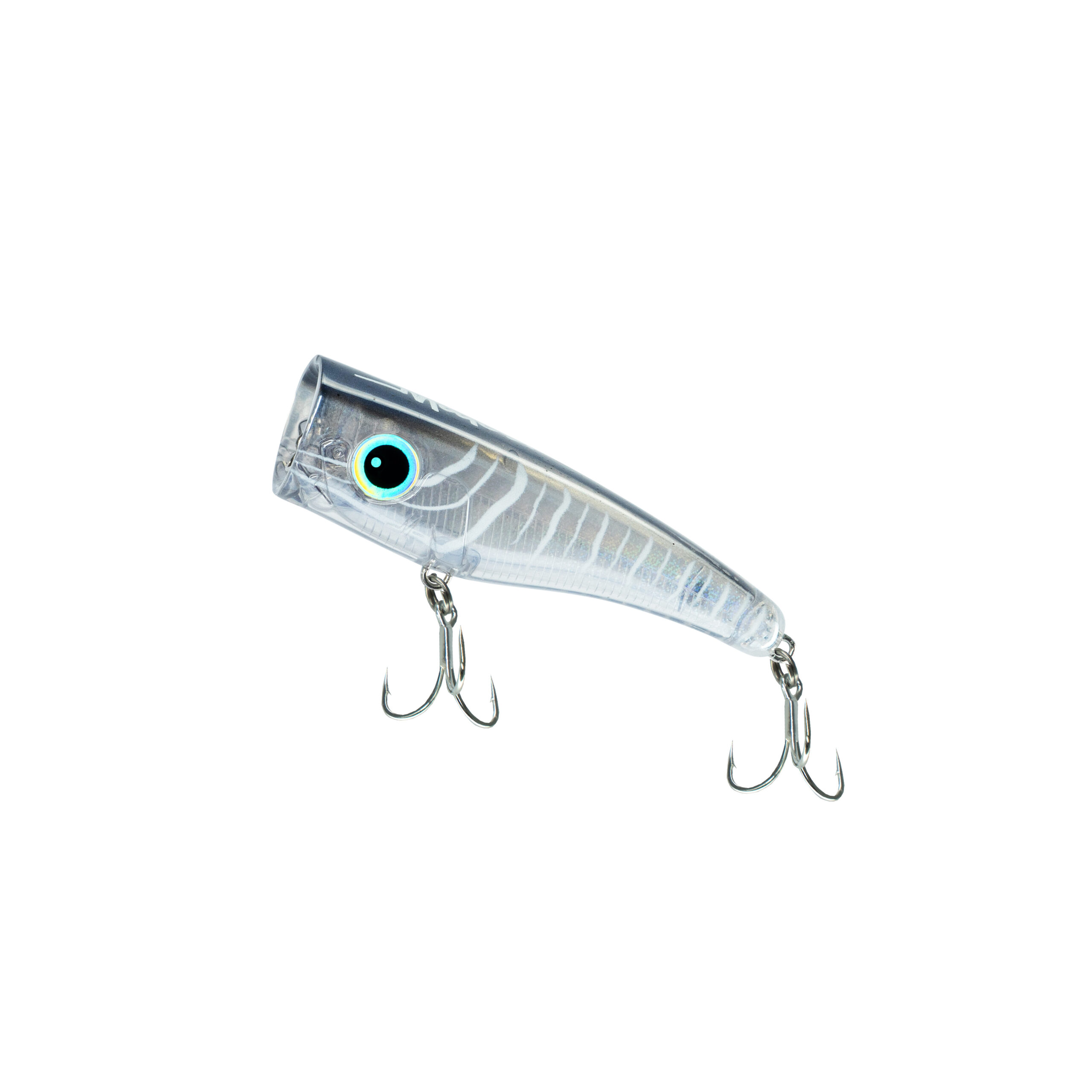 Close-up of a silver fishing lure with a blue eye and multiple treble hooks, angled diagonally across the frame.