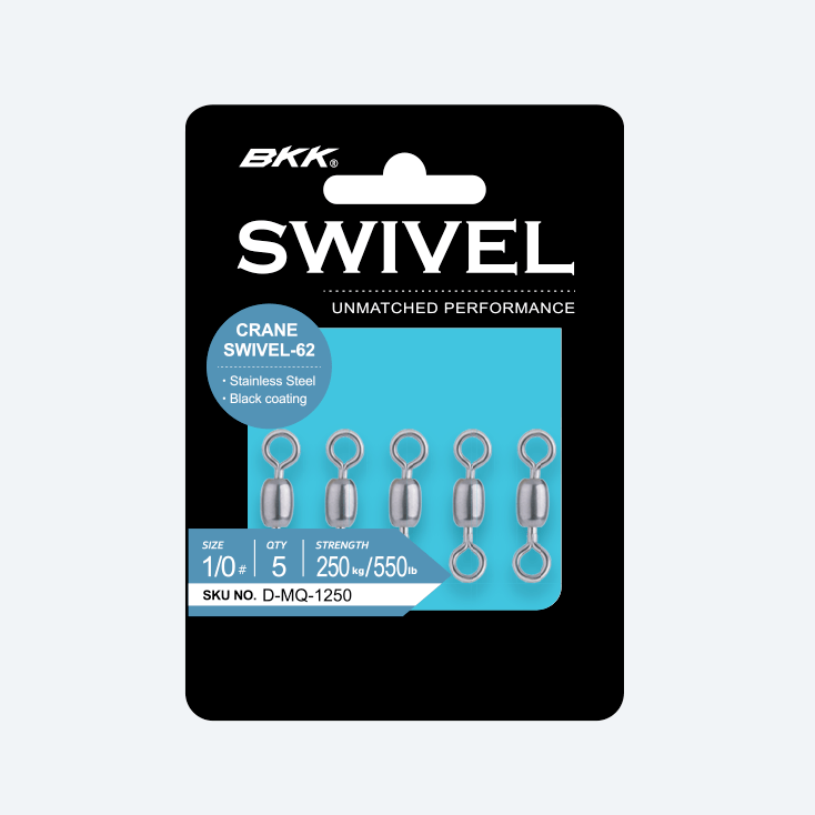Package of BKK Swivel Crane swivels: five stainless steel swivels on a black/blue card with 'UNMATCHED PERFORMANCE' label.