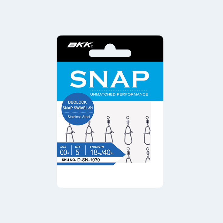 Snap swivels packaging: BKK SNAP Duolock, stainless steel, size 00, qty 5, strength 18 kg/40 lb, SKU D-SN-1030.