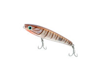 Close-up of an orange striped fishing lure with a turquoise eye and several sharp treble hooks visible below it.