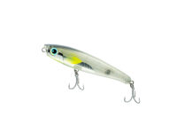 Close-up of a metallic fishing lure with a yellow-green belly, teal eye, and multiple treble hooks attached by metal rings.