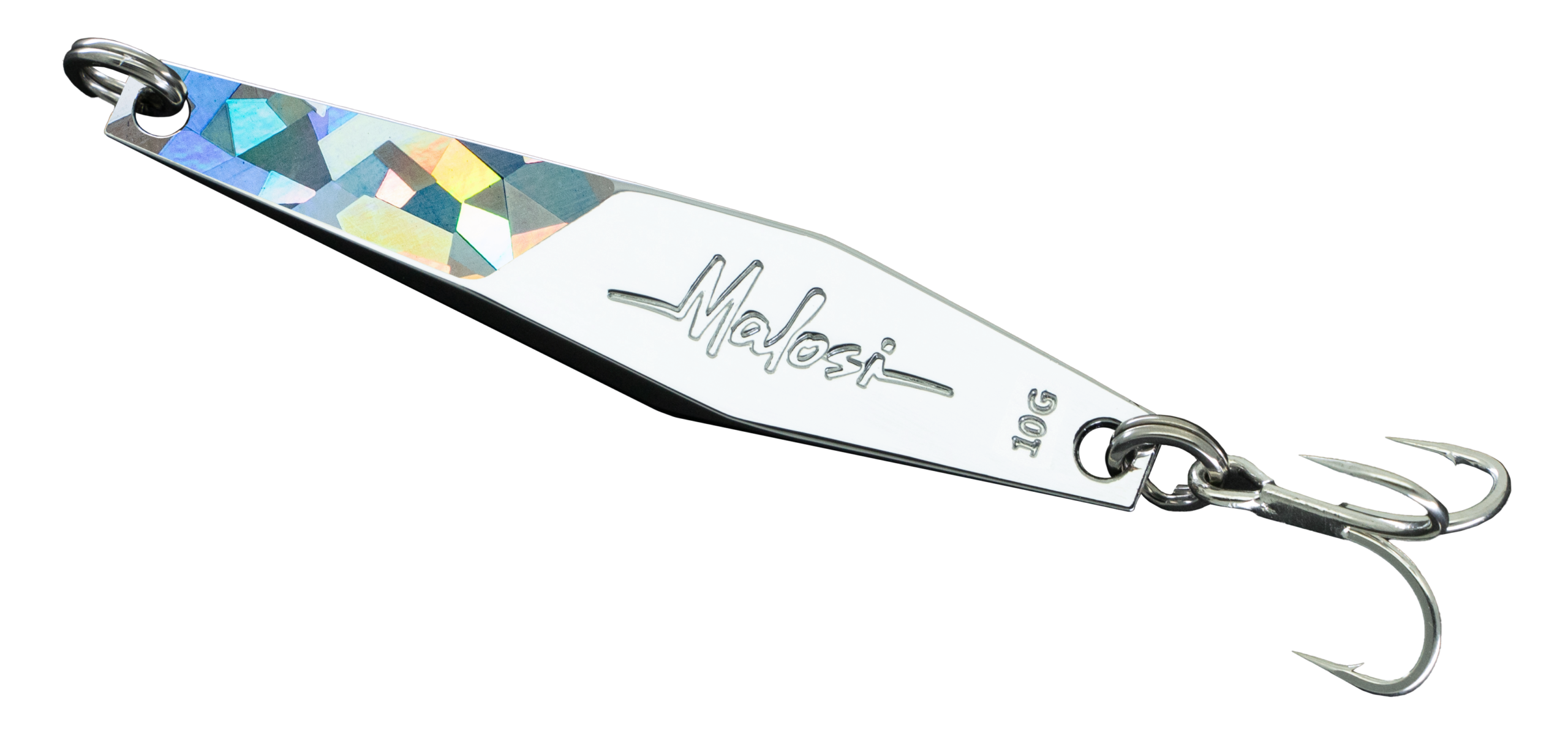 Metal fishing spoon lure with a colorful mosaic pattern, engraved 'Malosi', marked 100 g, attached to a split ring and treble hooks