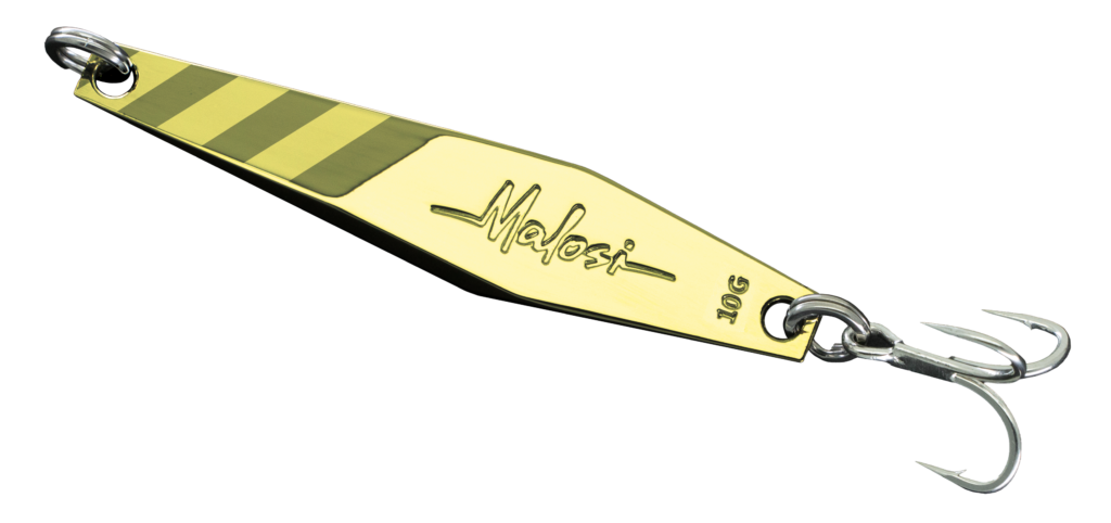 Gold fishing spoon lure with diagonal green stripes, engraved 'Malosi' and '100g', attached to a split ring and treble hooks