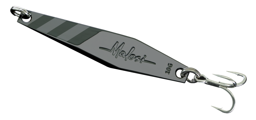 Metal fishing spoon lure with two treble hooks, engraved 'Malosi' and '100G' on a chrome blade, set against a black background.