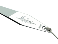 Shiny metal fishing spoon lure with 'Malosi' branding and a circular ring at the left end connected to a hook on the right side