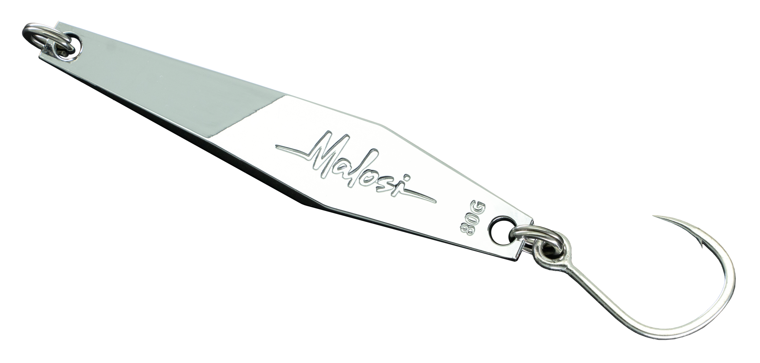 Shiny metal fishing spoon lure with 'Malosi' branding and a circular ring at the left end connected to a hook on the right side