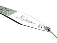 Silver fishing spoon lure with rainbow holographic glitter, branded 'Malosi', attached to a metal split ring and treble hook.