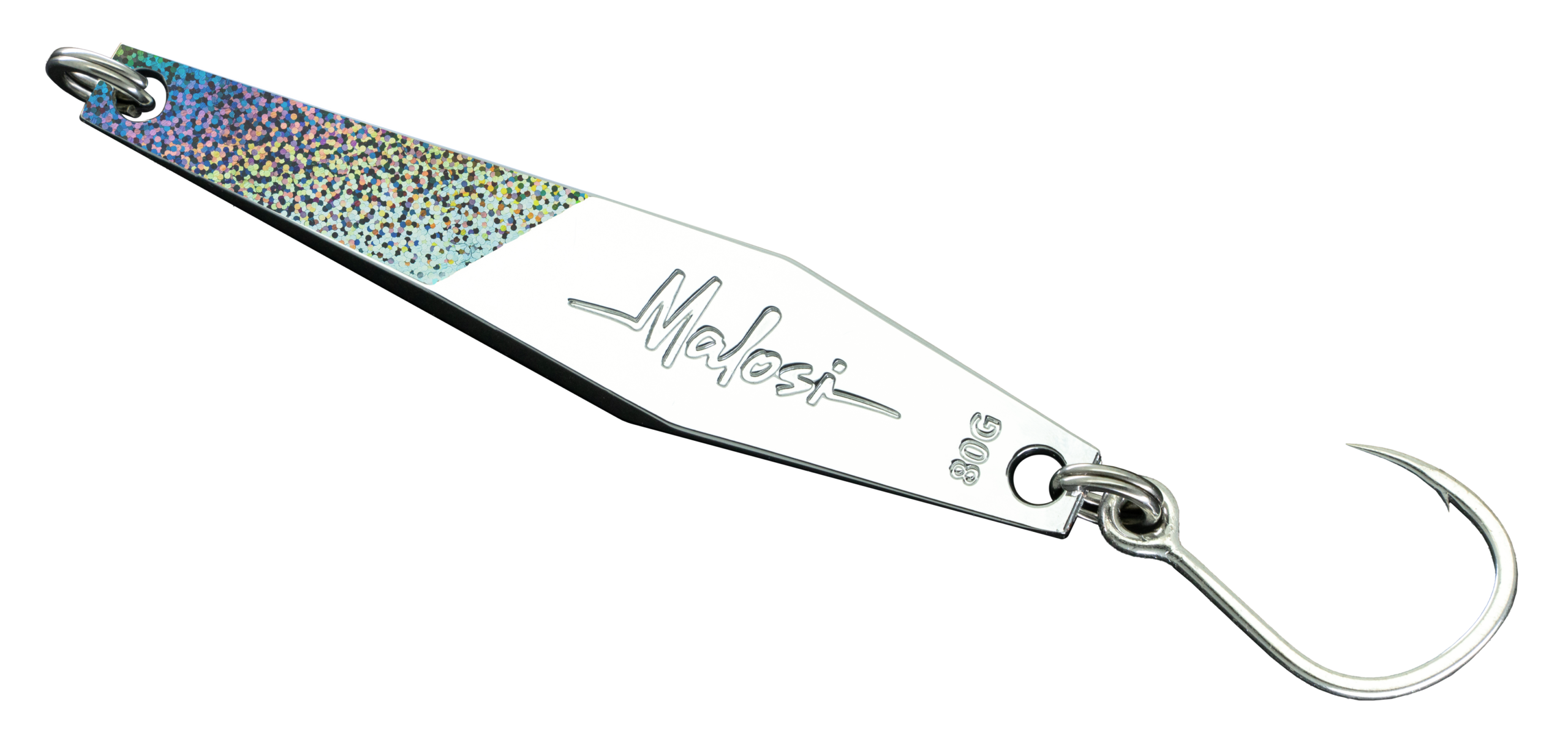 Silver fishing spoon lure with rainbow holographic glitter, branded 'Malosi', attached to a metal split ring and treble hook.