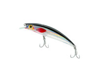 Colorful fishing lure with a glossy holographic body, black top, and multiple treble hooks hanging from a line.