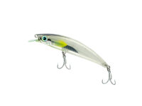Close-up of a metallic fishing lure with bright blue eye, yellow-green accents, and multiple treble hooks hanging below.