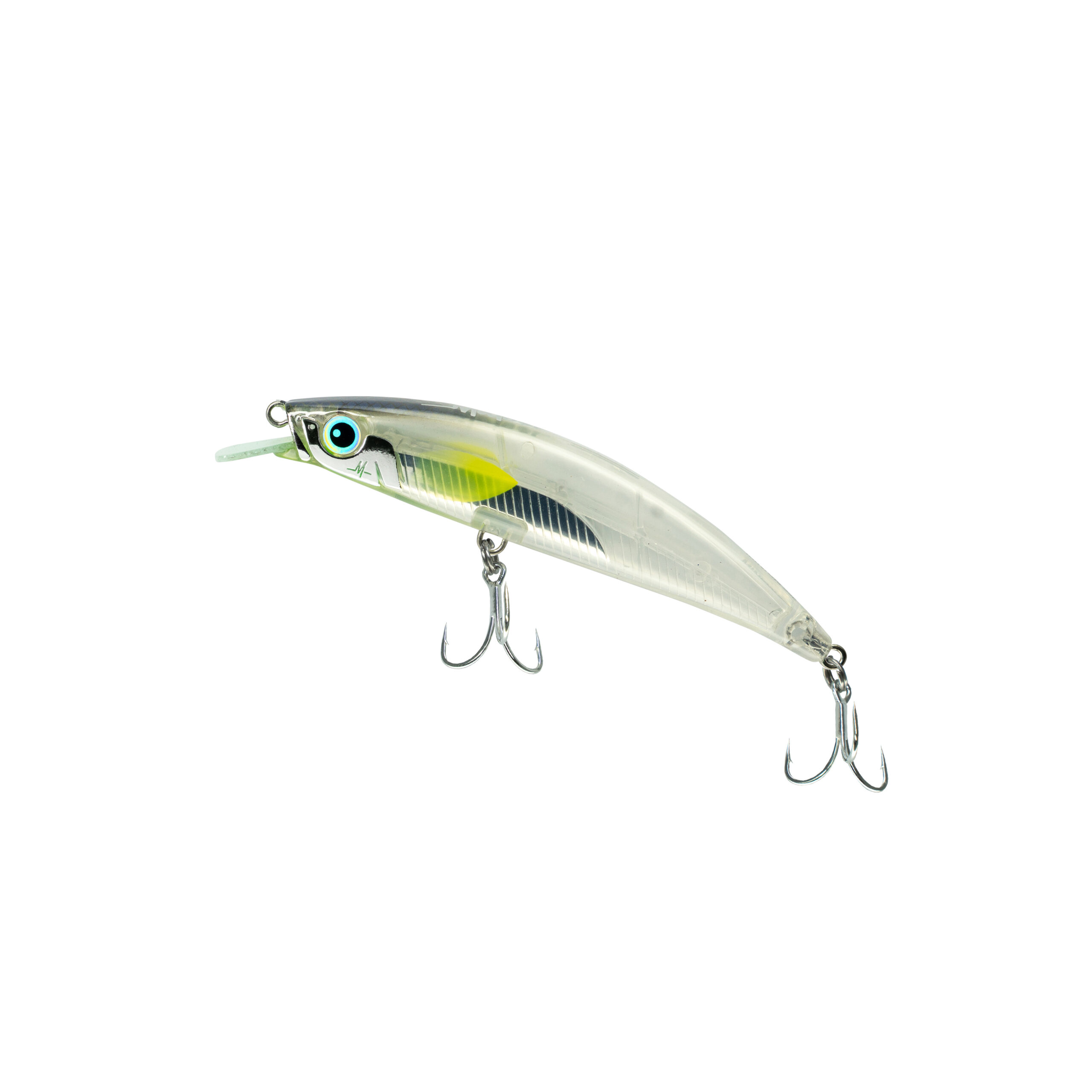 Close-up of a metallic fishing lure with bright blue eye, yellow-green accents, and multiple treble hooks hanging below.
