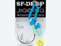 Packaged set of blue jigging assist hooks with braided lines and glow beads, labeled SF-DG JIGGING ASSIST HOOKS in a hanging display.
