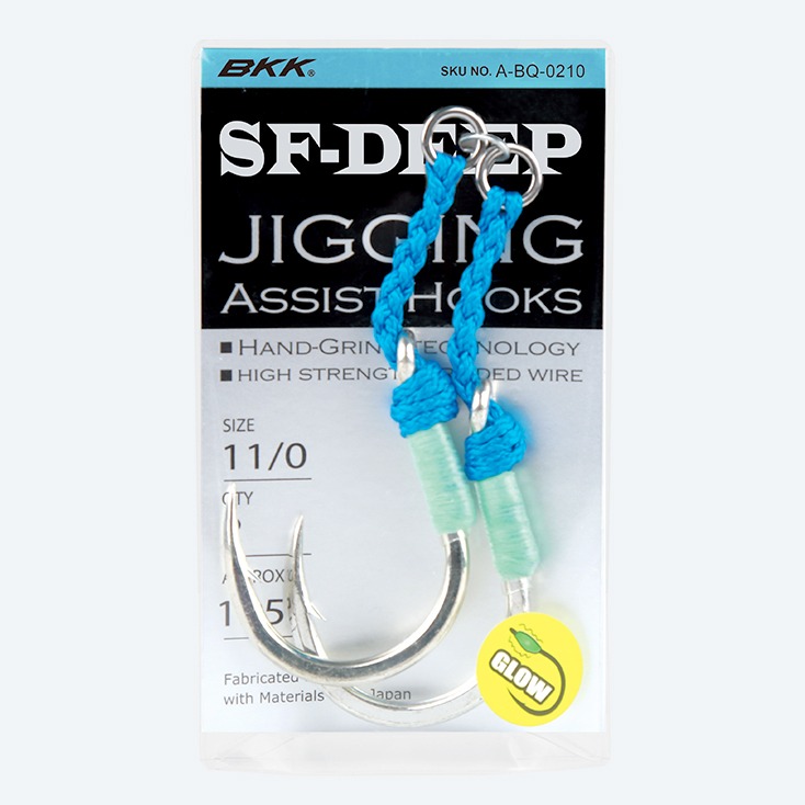 Packaged set of blue jigging assist hooks with braided lines and glow beads, labeled SF-DG JIGGING ASSIST HOOKS in a hanging display.