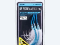 Product packaging for BKK SF Reefmaster HG jigging hooks, showing blue assist hooks and white marabou feathers inside a clear blister pack.