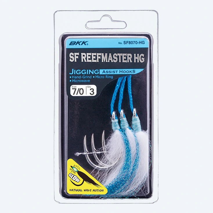 Product packaging for BKK SF Reefmaster HG jigging hooks, showing blue assist hooks and white marabou feathers inside a clear blister pack.