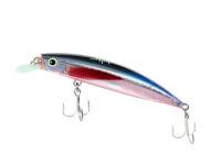 Close-up of holographic blue‑pink fishing lure with treble hooks visible