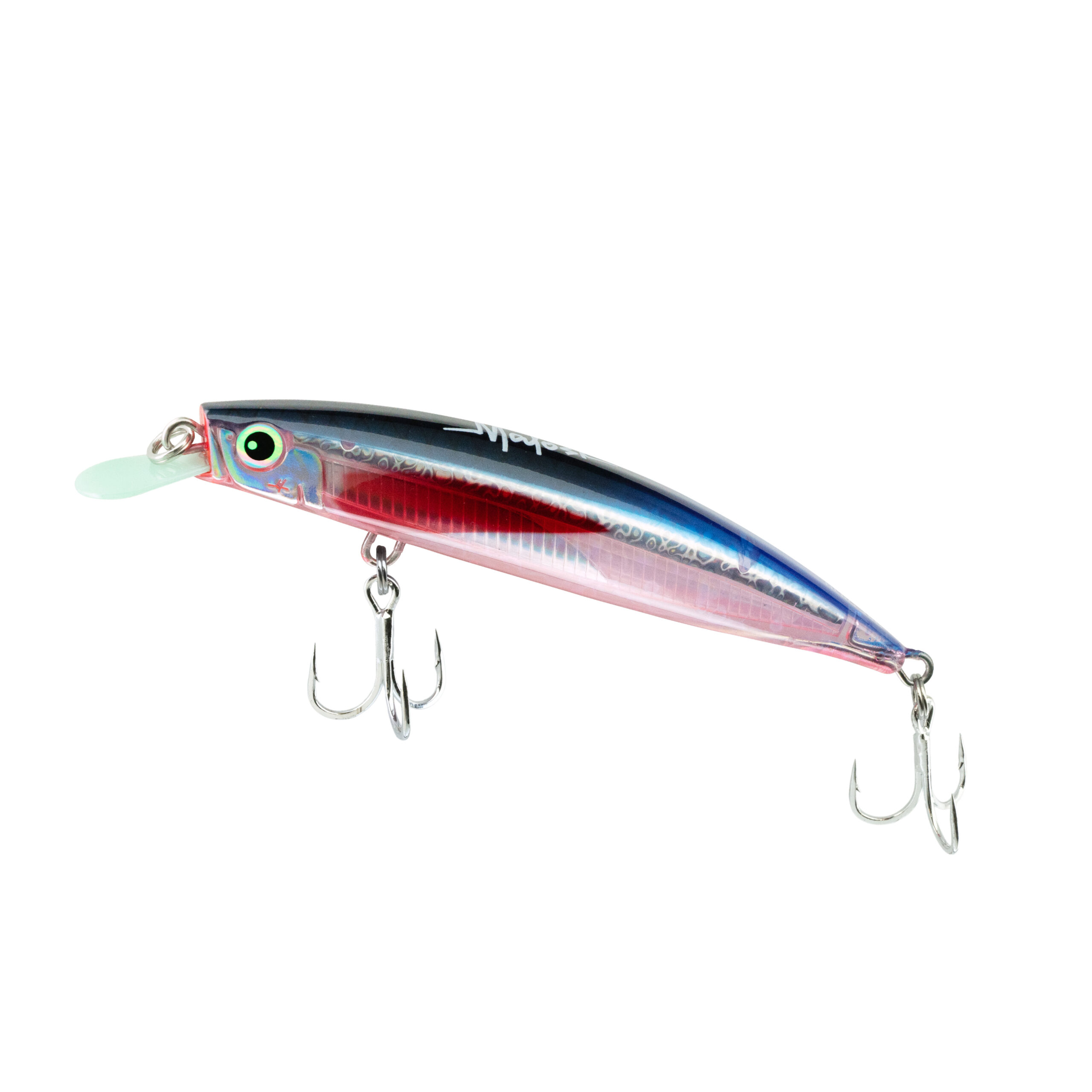 Close-up of holographic blue‑pink fishing lure with treble hooks visible