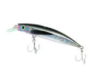 Close-up of a metallic fishing lure with a rainbow holographic finish and multiple treble hooks hanging from a chain