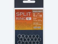 Packaging for BKK split rings, 5 size 18 stainless steel jump rings displayed in a strip on orange label.