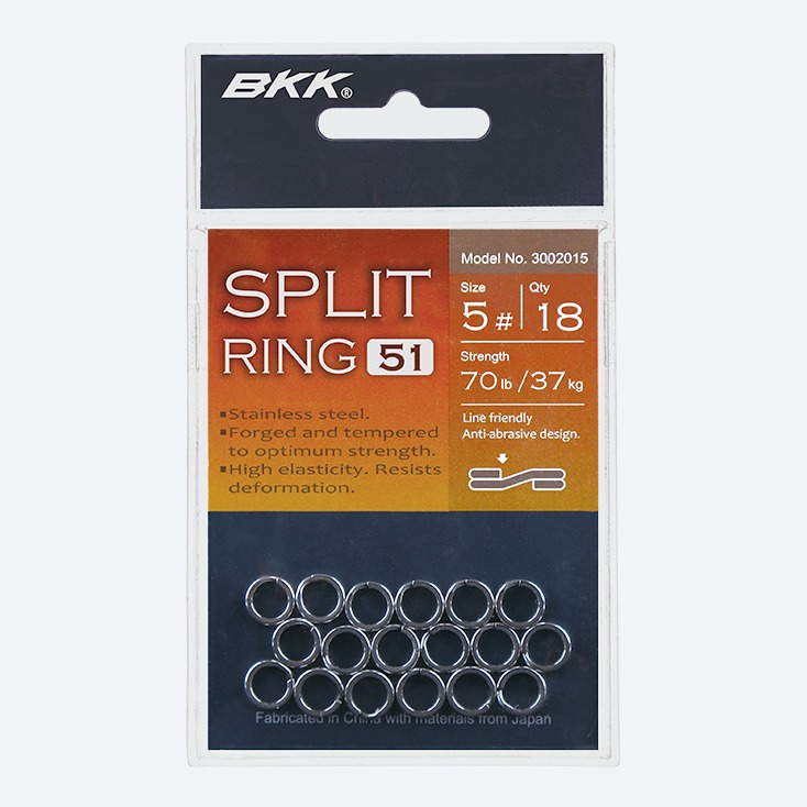 Packaging for BKK split rings, 5 size 18 stainless steel jump rings displayed in a strip on orange label.
