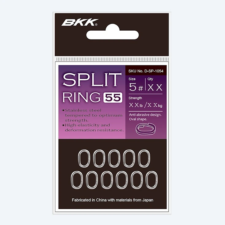 Split Ring 55 packaging showing stainless steel rings, with purple label and size 5, crafted in China with materials from Japan