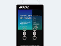 Packaging for BKK Stainless BB Swivel: two stainless steel swivels with welded rings; size 3; highlights smooth rotation and corrosion resistance.