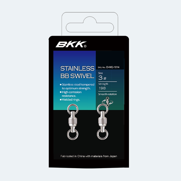Packaging for BKK Stainless BB Swivel: two stainless steel swivels with welded rings; size 3; highlights smooth rotation and corrosion resistance.