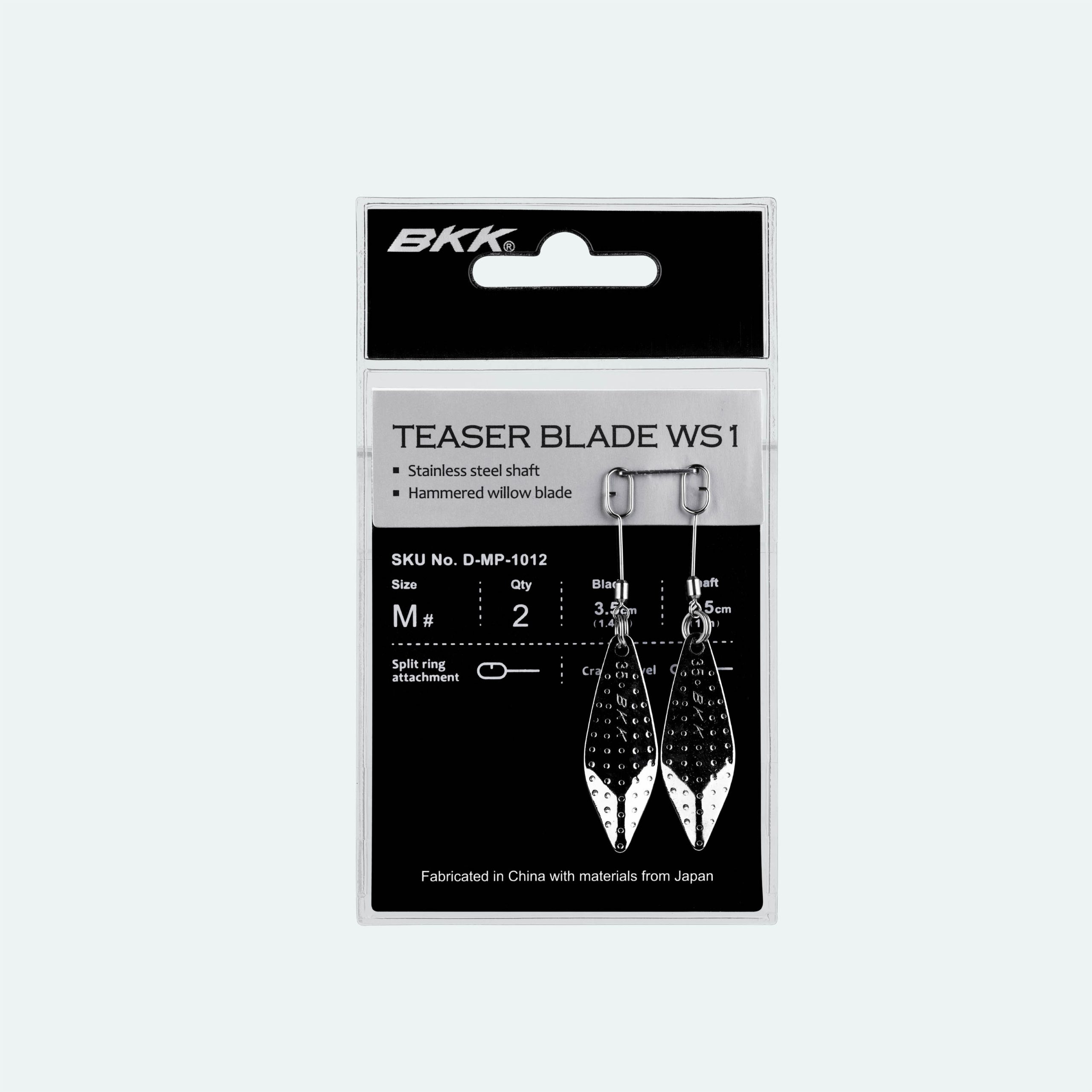 BKK Teaser Blade WS1 packaging showing two hammered willow blades on a hanging card against a black background.