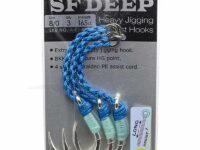 Pack of SF Deep Heavy Jigging hooks with blue braided assist line and four silver treble hooks in packaging