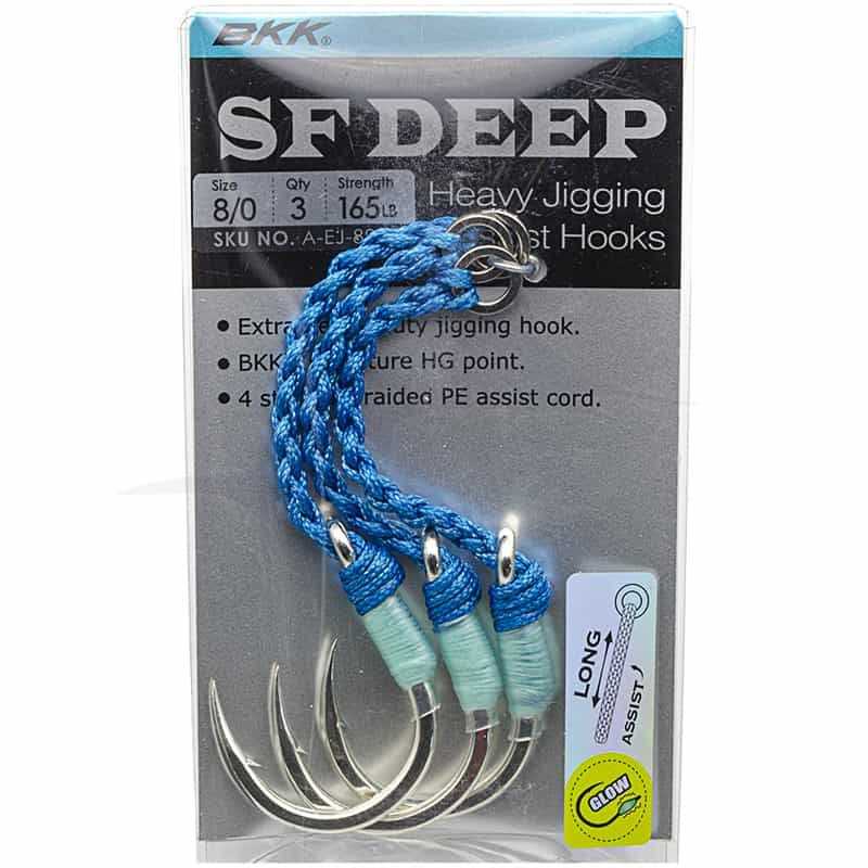 Pack of SF Deep Heavy Jigging hooks with blue braided assist line and four silver treble hooks in packaging