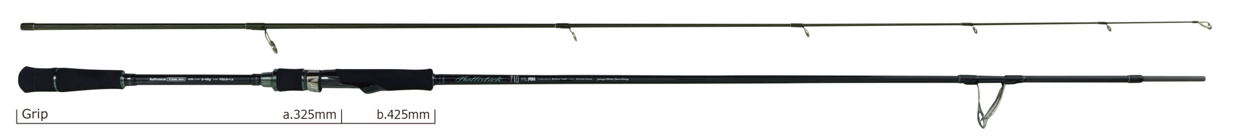 Two-piece fishing rod with a foam grip on the left and a long segmented shaft on the right, showing joints and line guides; labeled Grip, a.325mm, b.425mm.