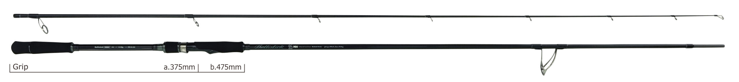 Two-piece black fishing rod laid out horizontally, foam grip on the left, reel seat mid‑section, and multiple line guides along the rod.