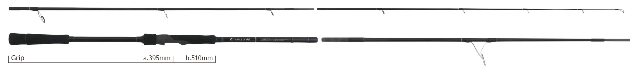Black fishing rod with foam grip and multiple line guides laid out in sections; labeled grip, a.395mm, b.510mm