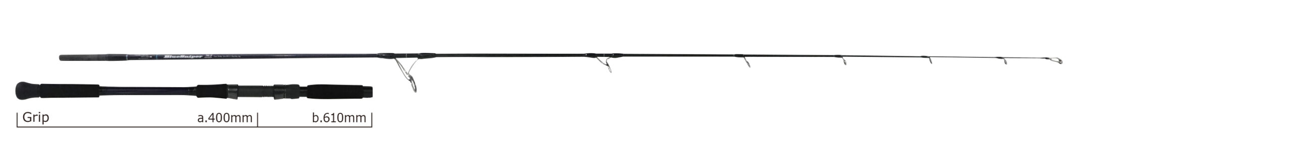Two-piece fishing rod with a black foam grip and multiple line guides, labeled lengths 400 mm and 610 mm.