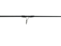 Fishing rod with a foam grip on the left and multiple line guides along its length.