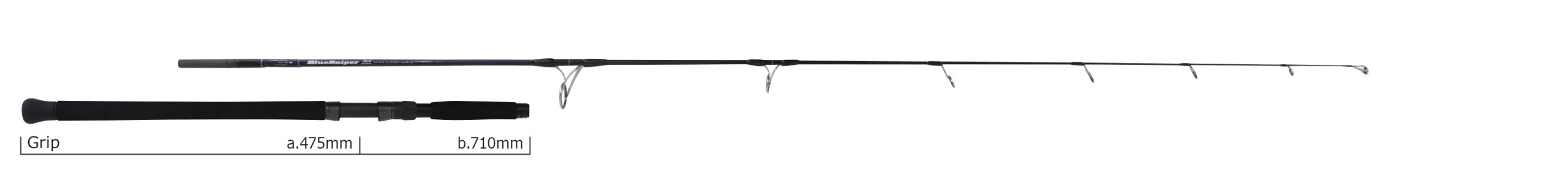 Fishing rod with a foam grip on the left and multiple line guides along its length.