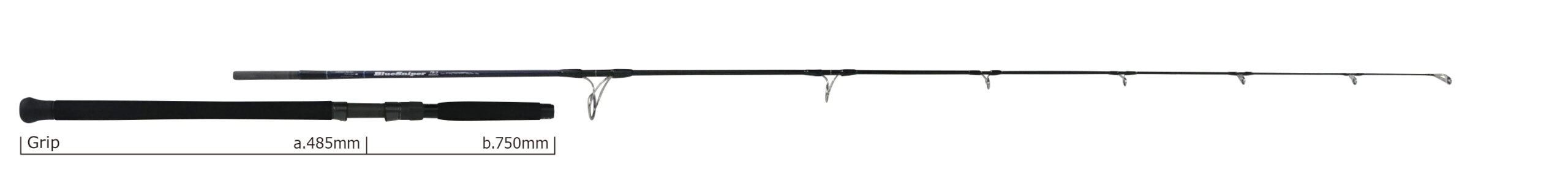 Long fishing rod with a black grip and telescoping sections, showing length labels 485 mm and 750 mm on the base.