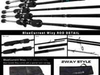 BlueCurrent Wizy light game rods displayed in a fan layout with branding visible on the rods and header text above the image.