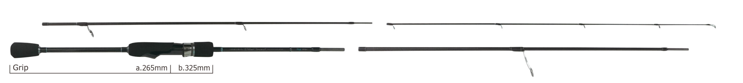 Multi-piece fishing rod laid out in three sections on a white background, with a foam grip on the left and measurement labels reading 'Grip', 'a.265mm', and 'b.325mm'