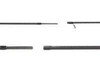 Two-piece fishing rod with a padded grip and reel seat, laid out with multiple line guides and jointed sections labeled 310mm and 370mm.