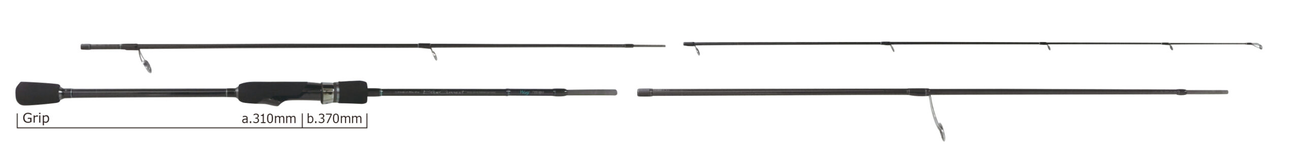 Two-piece fishing rod with a padded grip and reel seat, laid out with multiple line guides and jointed sections labeled 310mm and 370mm.