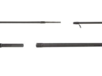 Disassembled fishing rod laid out in three sections with a foam grip and reel seat showing guides along the rod tail-to-tip, ready to assemble. This long fishing rod shows multiple sections and guides along its length.