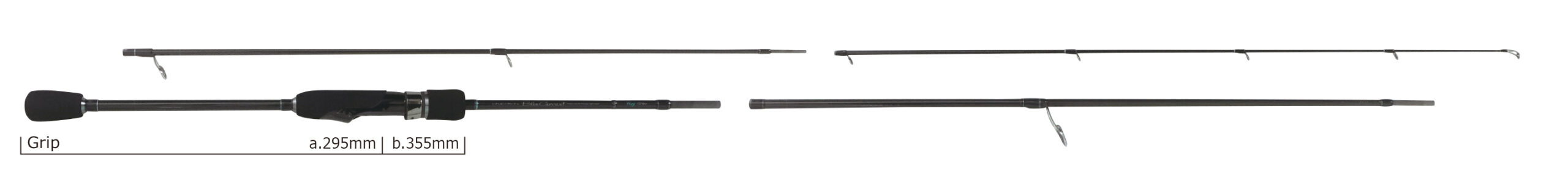 Disassembled fishing rod laid out in three sections with a foam grip and reel seat showing guides along the rod tail-to-tip, ready to assemble. This long fishing rod shows multiple sections and guides along its length.