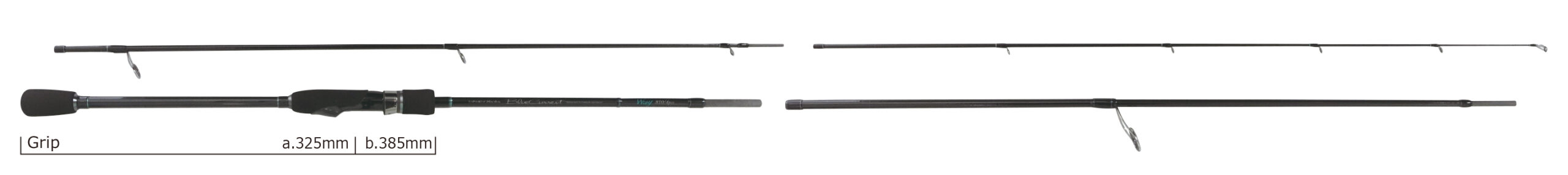 Two-piece fishing rod with grip on the left; sections extend from 325 mm to 385 mm.