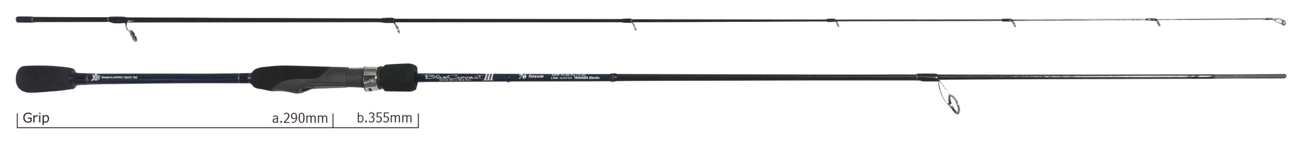 Two-section fishing rod with a foam grip and reel seat, showing length measurements a.290mm and b.355mm for scale (informational image).