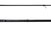 Two-piece fishing rod laid out in full length, with a black grip on the left, reel seat, and line guides along the shaft; labeled lengths a. 390 mm and b. 505 mm.